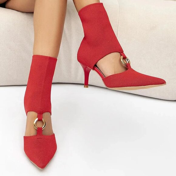 Women's Slip-On Kitten Heel Booties Size 6 Breathable Mesh Hollow Ankle Boot Red - Picture 2 of 7